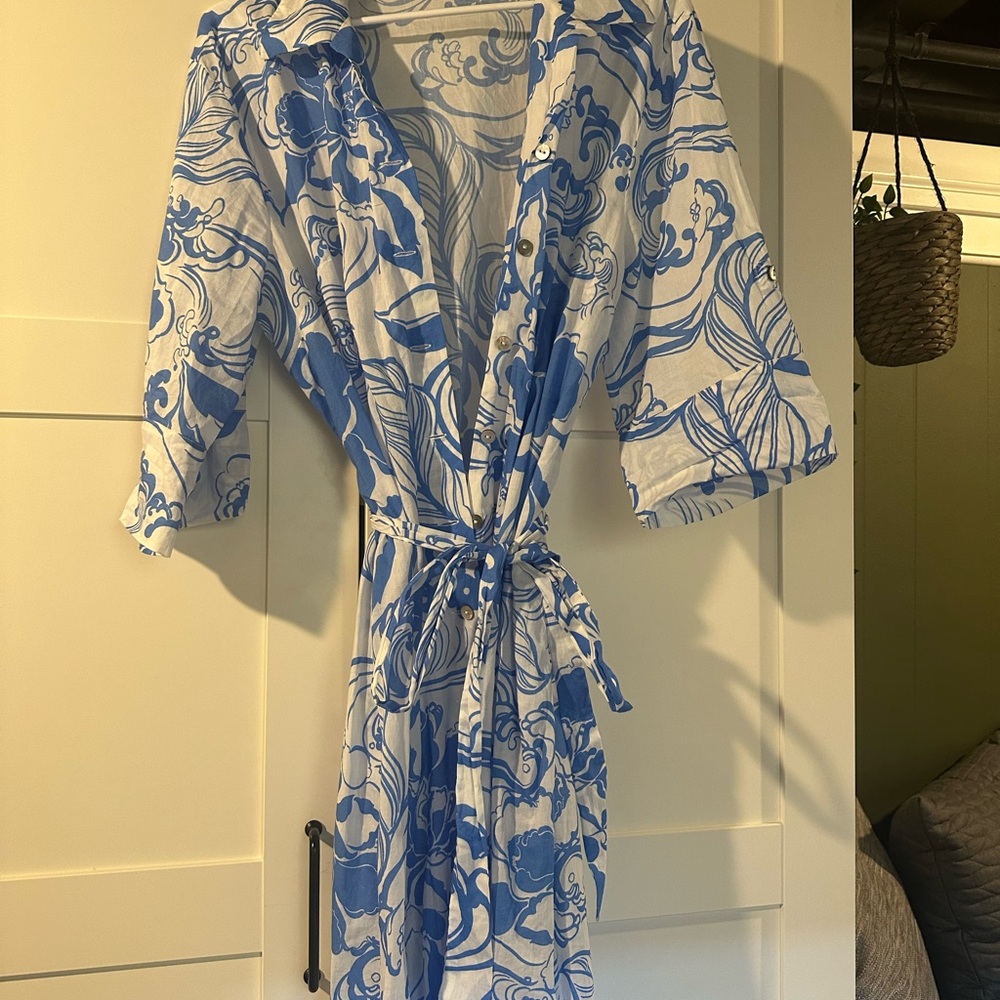 Tori Richard Blue and White Resort Dress with Plunge Neckline